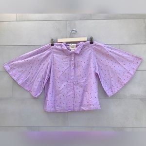 Purple shirt with draped detail & 3/4 bell sleeve